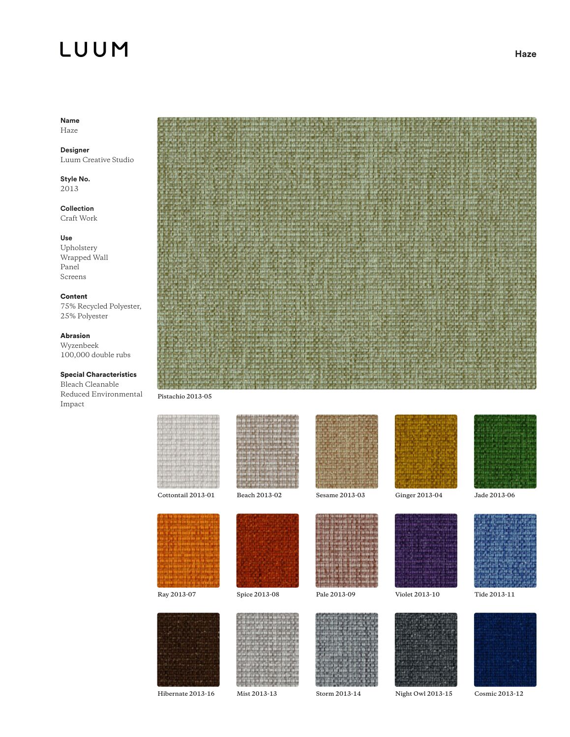 Haze - 2013 Sample Card